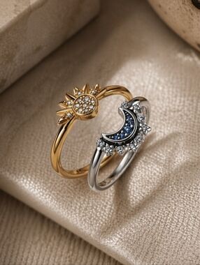 Sun Moon 925 Sterling Silver Cubic Zirconia Ring Set Size 7 Dainty Celestial